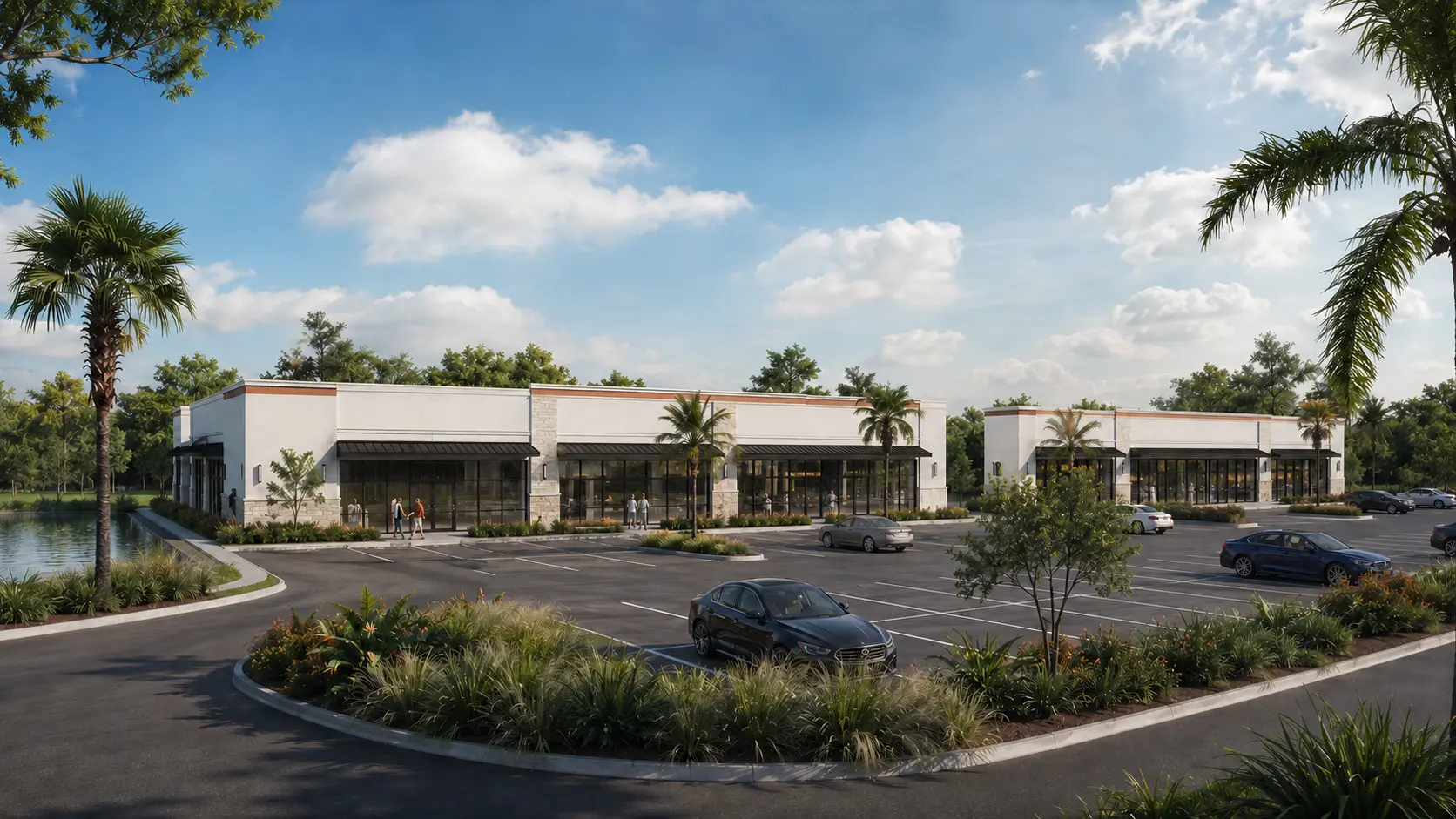 Plan-accurate concept rendering of The Shoppes at St. Cloud with tropical landscaping