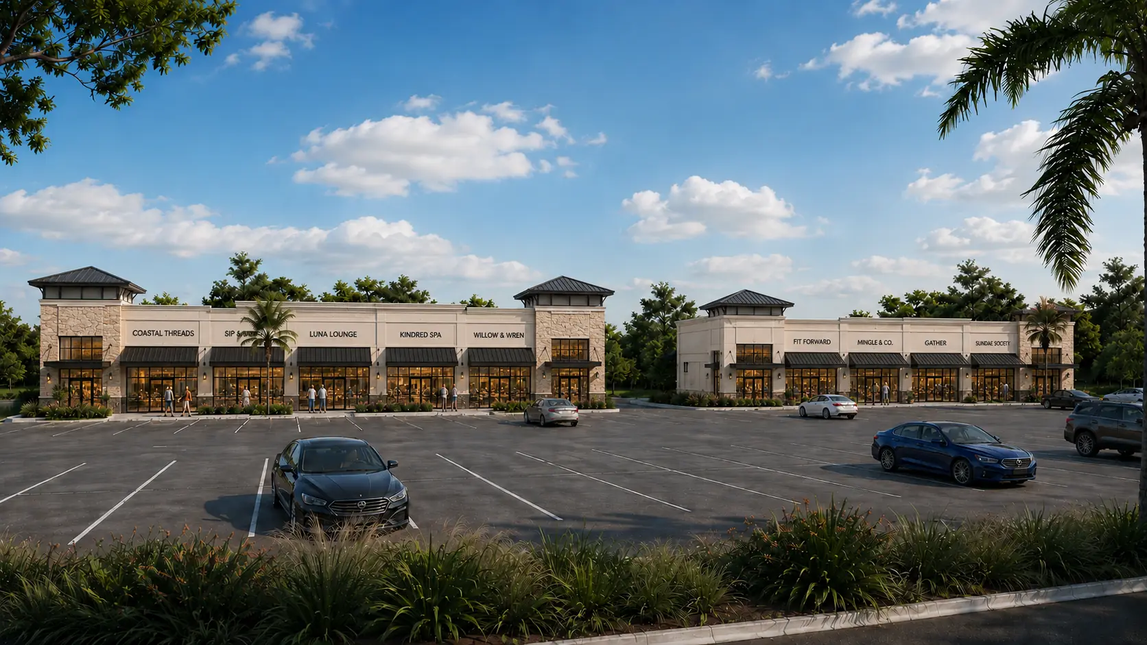 Plan-accurate concept rendering of The Shoppes at St. Cloud with tropical landscaping, cars, and pedestrian activity