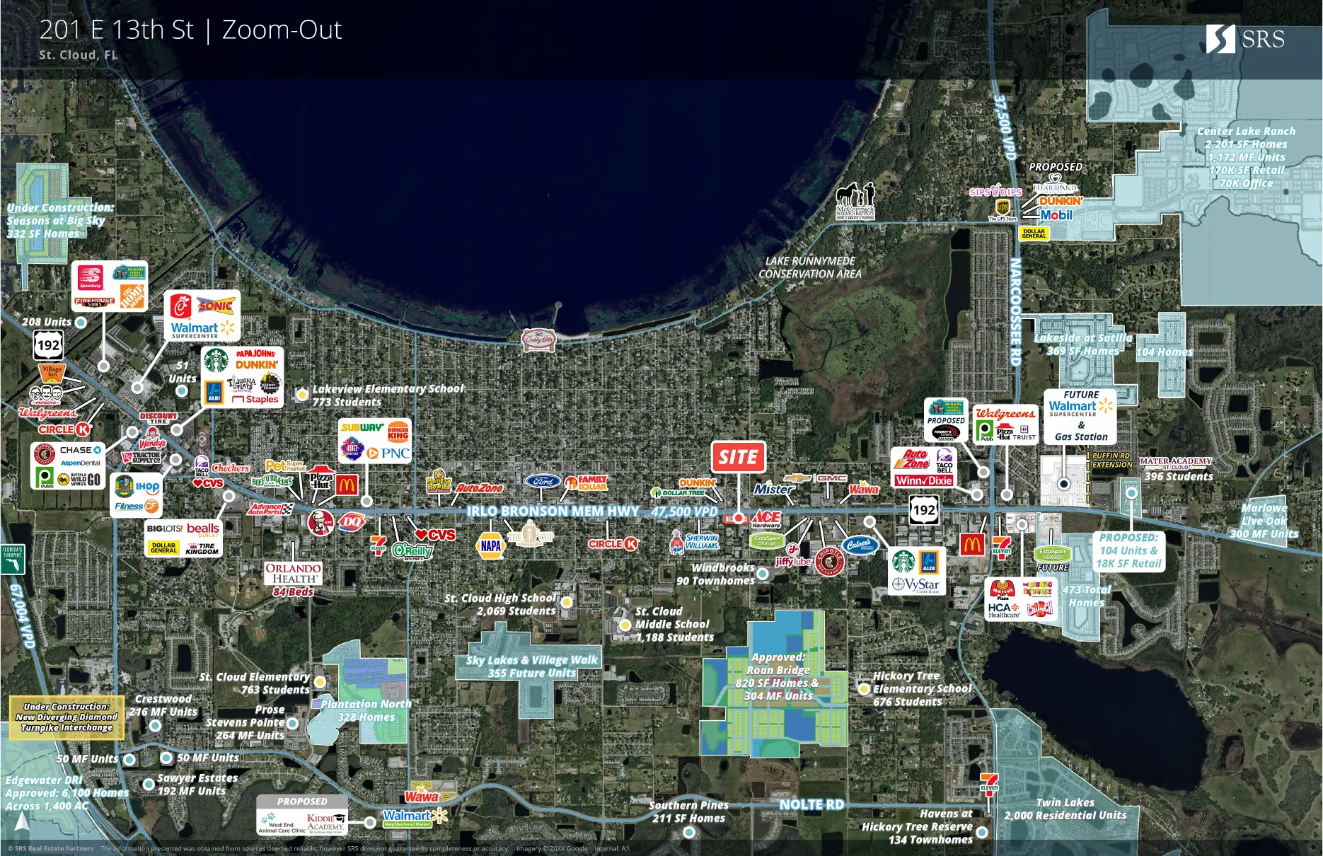 Zoomed-out trade area map showing The Shoppes at St. Cloud on US-192 and surrounding growth